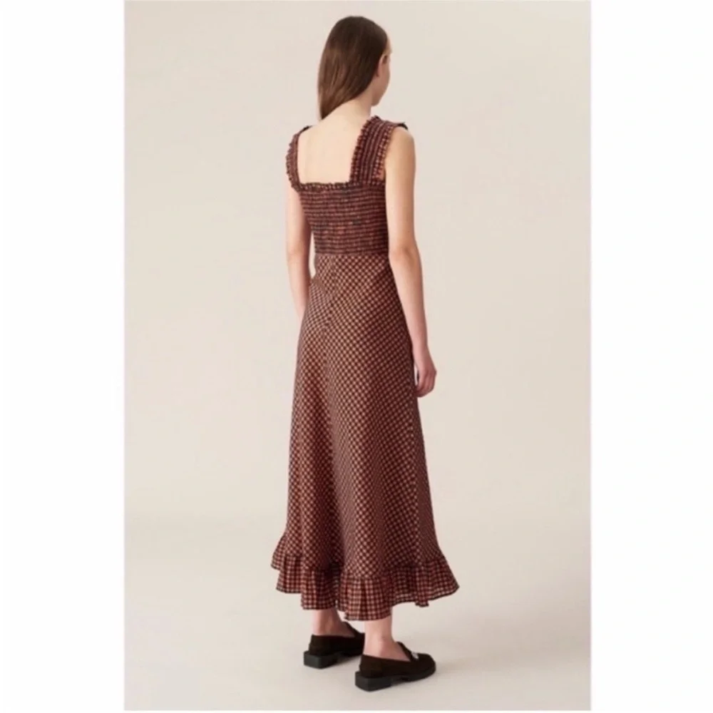 Ganni Dress Seersucker Midi Smocked in Flame Check Red